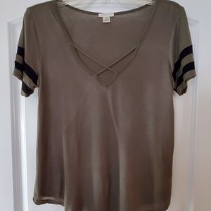 BOZZOLO WOMEN'S OLIVE GREEN SHIRT BLACK STRIPE SLEEVES SIZE SMALL